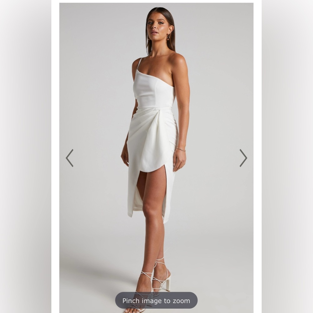 MARCELITA MIDI DRESS - ONE SHOULDER DRAPE DETAIL FAUX WRAP DRESS IN WHITE